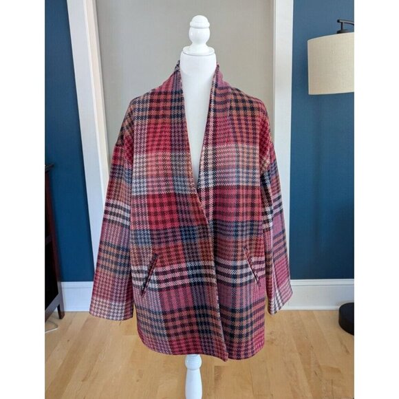 Rachel Zoe Pink Tweed Plaid Wool Blend Coat Size Large - Picture 2 of 13